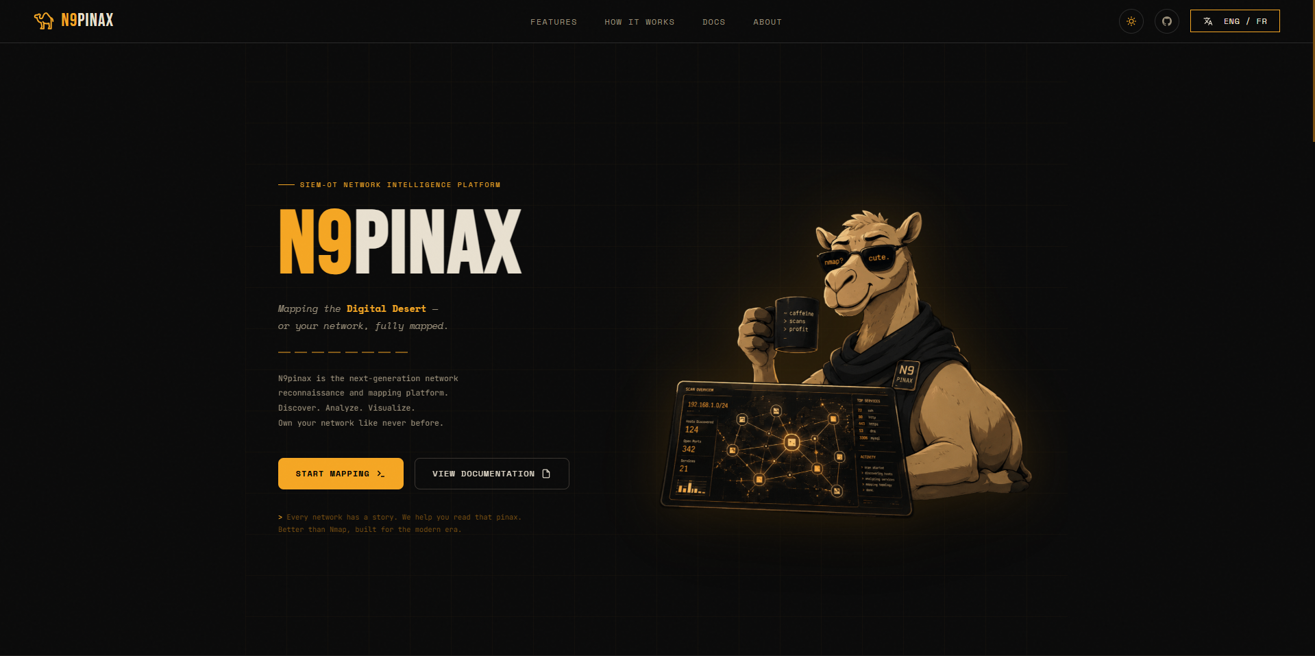 N9PINAX project website homepage, with the camel mascot and a live network topology graphic