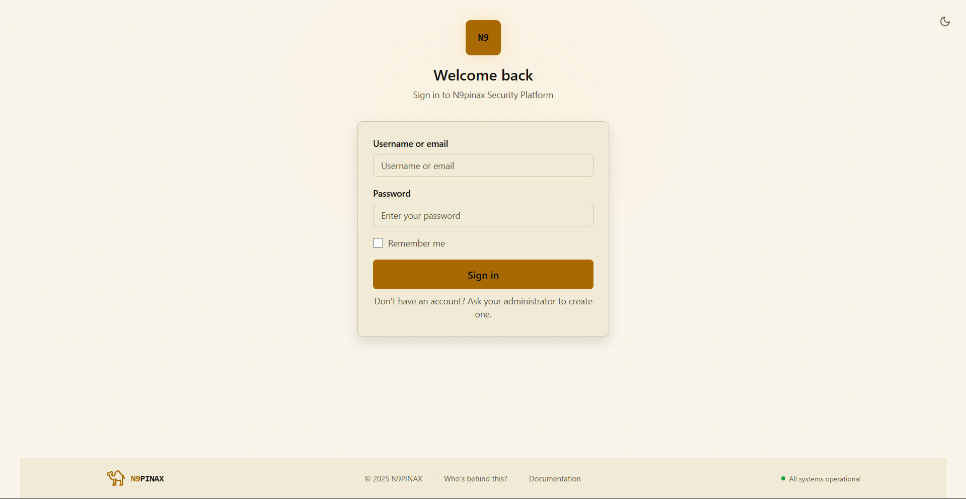 N9PINAX sign-in screen, the actual application
